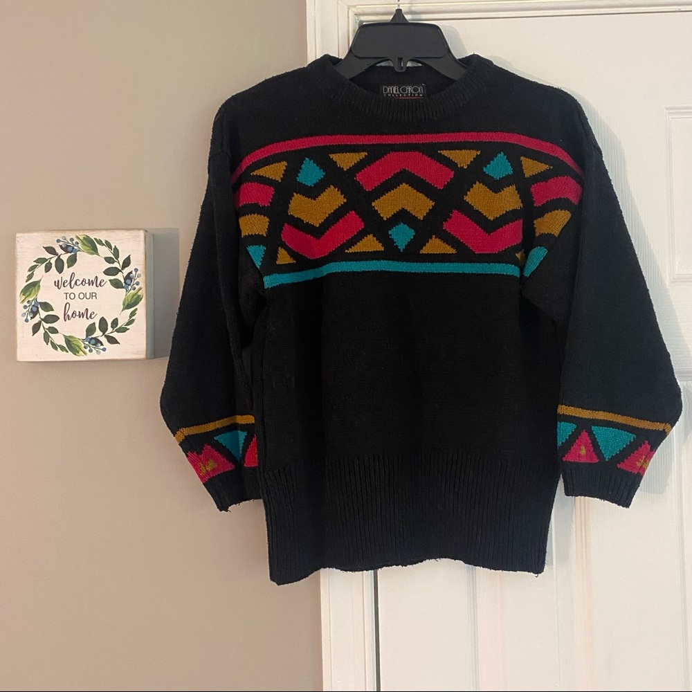 Vintage Daniel Caron Silk Blend Tribal Print Sweater Medium 90’s Vibe Colorful